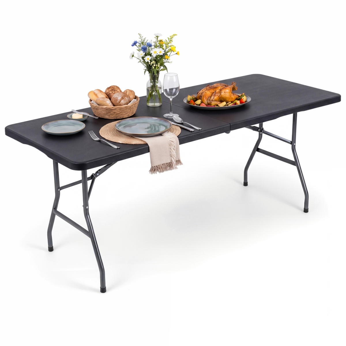 NP13750DK-A 6 ft. Plastic Fold-in-Half Camping Table - Black