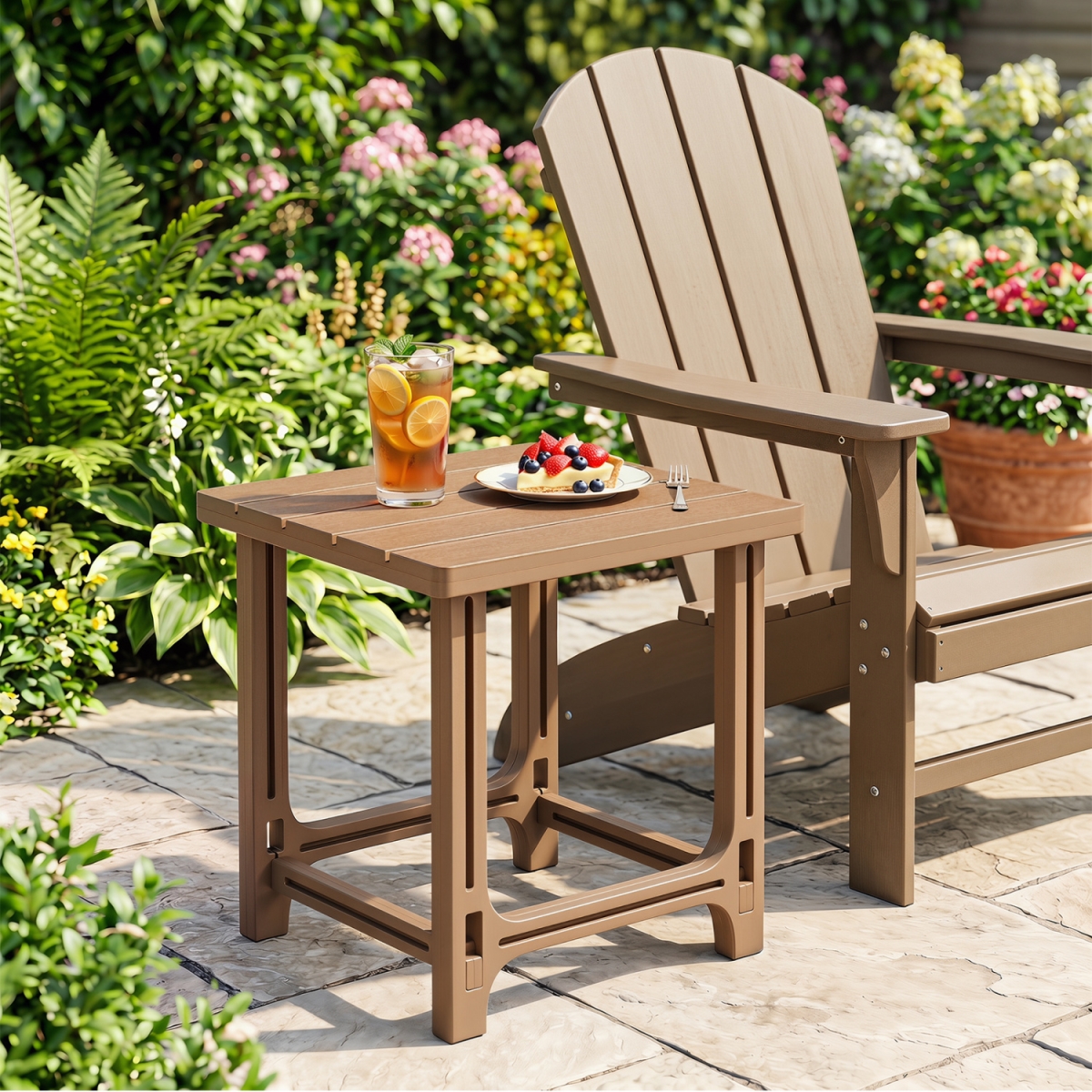 NP13790CF-1 18 in. Outdoor Adirondack Side Table with Slatted Surface - Brown