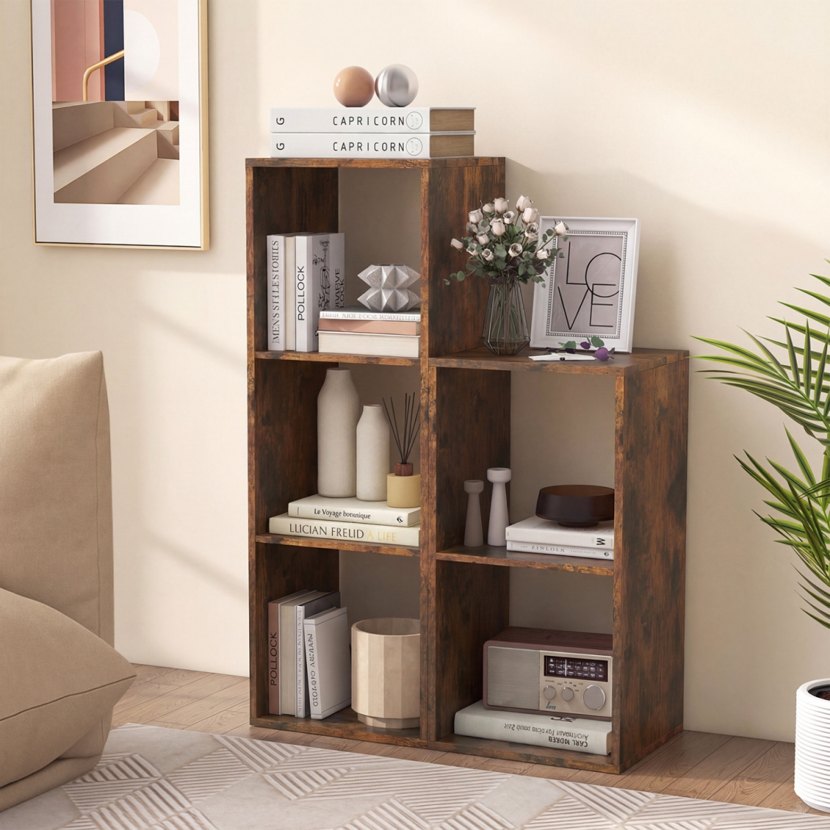 CB10749CF 3 Cube Bookshelf with Back Guardrail for Living Room Bedroom - Brown