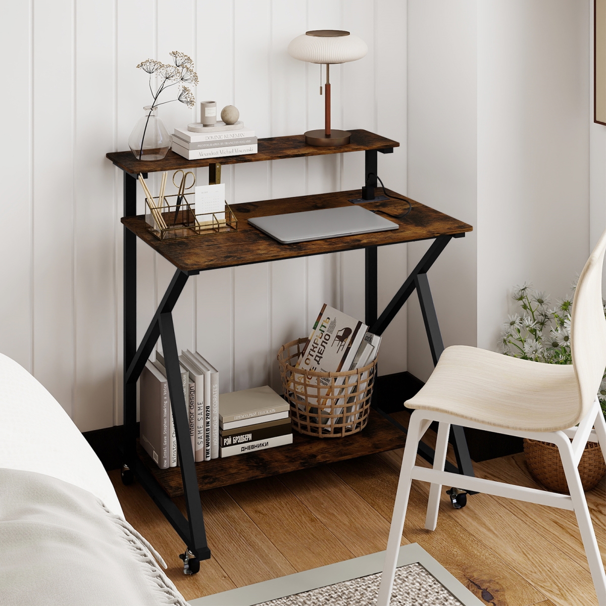 CB11085US-CF 32 in. Rolling Computer Desk for Small Spaces with Power Outlets - Rustic Brown