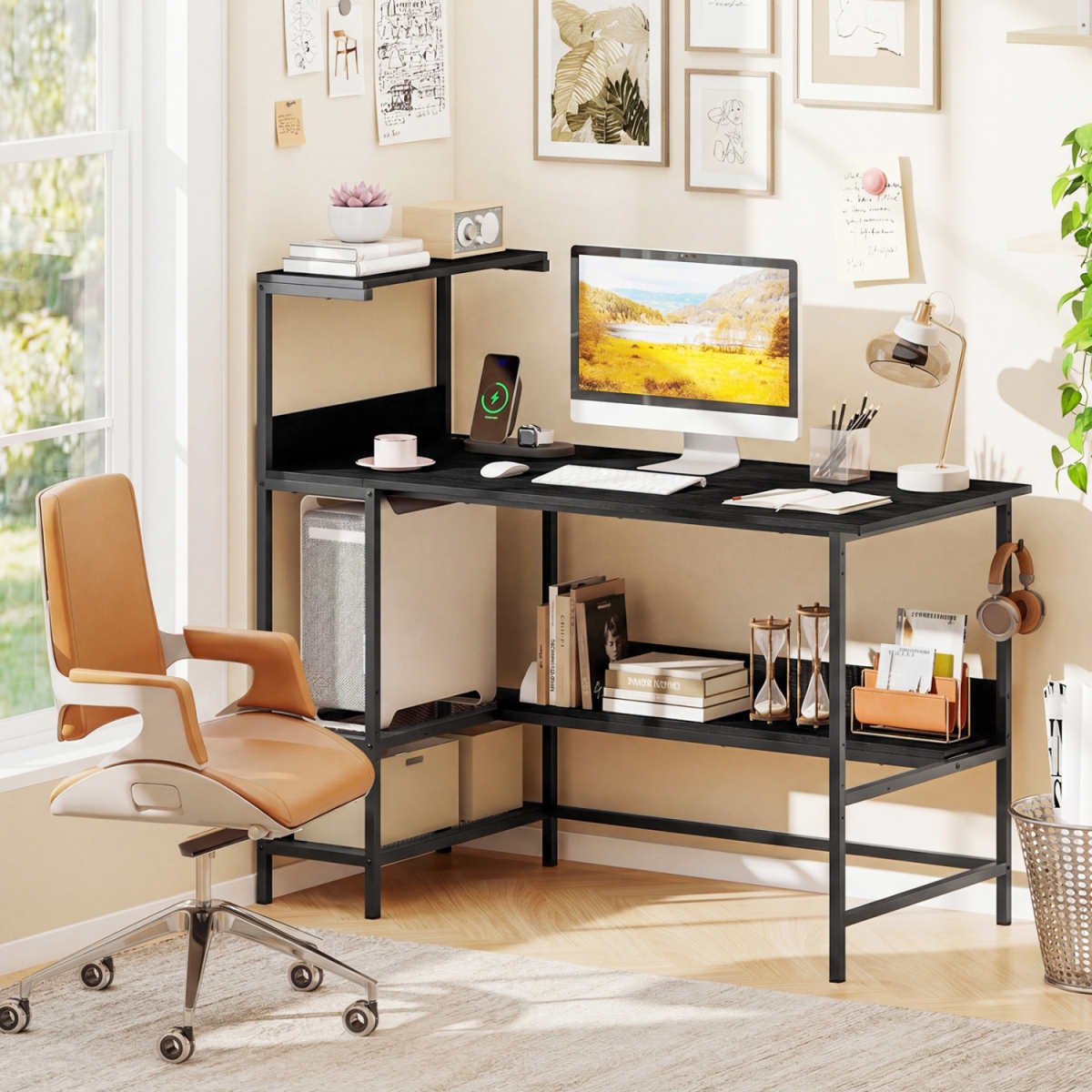 CB11111US-DK 48 in. Computer Desk with Power Outlets & Storage Shelves - Black