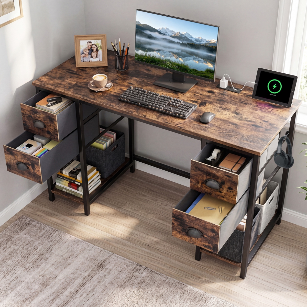 CB11179US-CF 48 in. Computer Desk with Power Outlet Home Office Desk with 4 Fabric Drawers - Brown