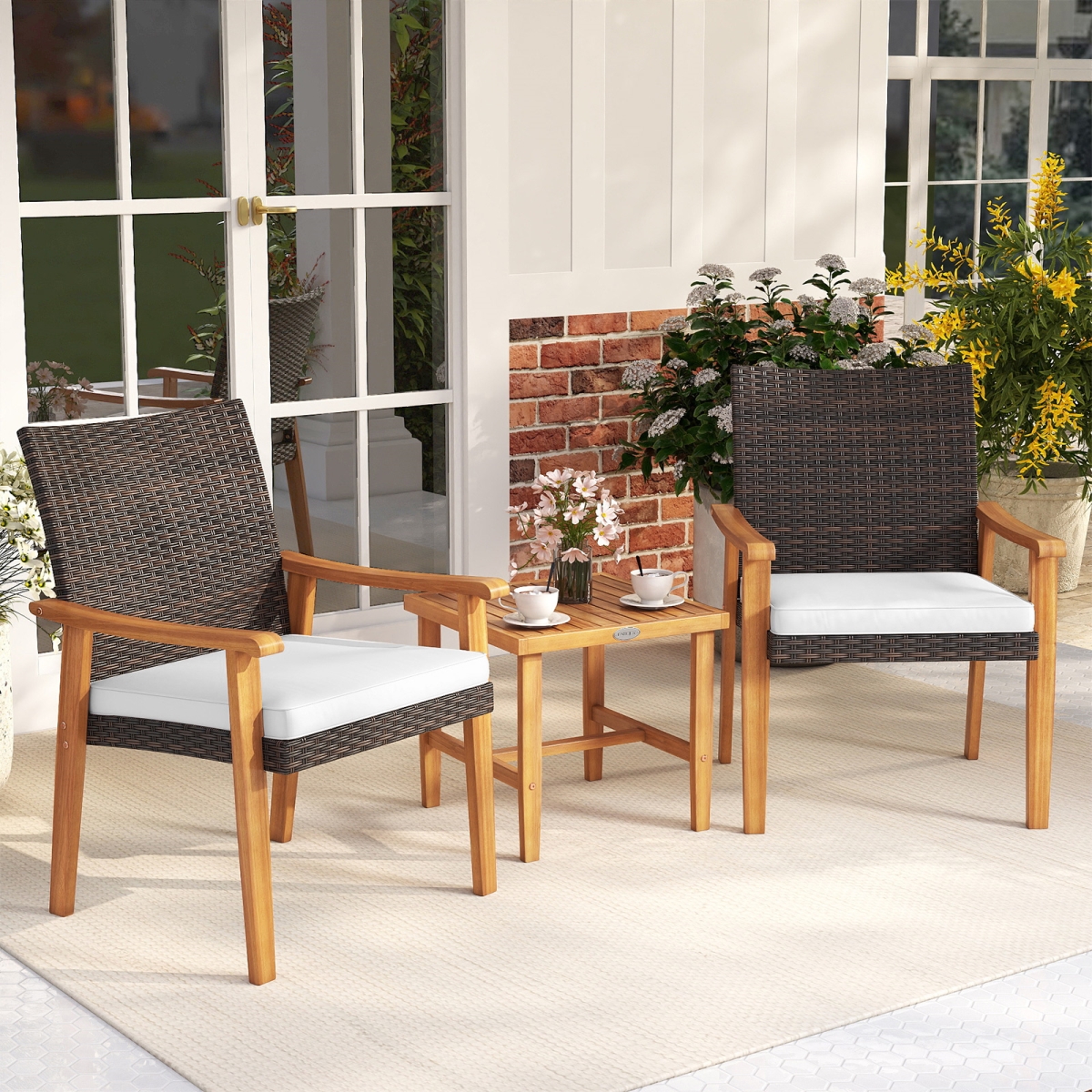HW74932WH Patio PE Wicker Furniture Set Acacia Wood Outdoor Conversation Bistro Set - White - 3 Piece