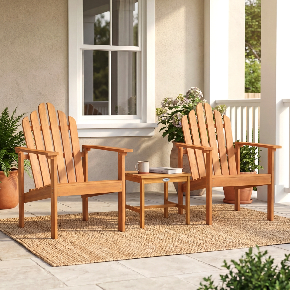 HW76048OR Stackable Adirondack Chair with Side Table - Natural - Set of 2