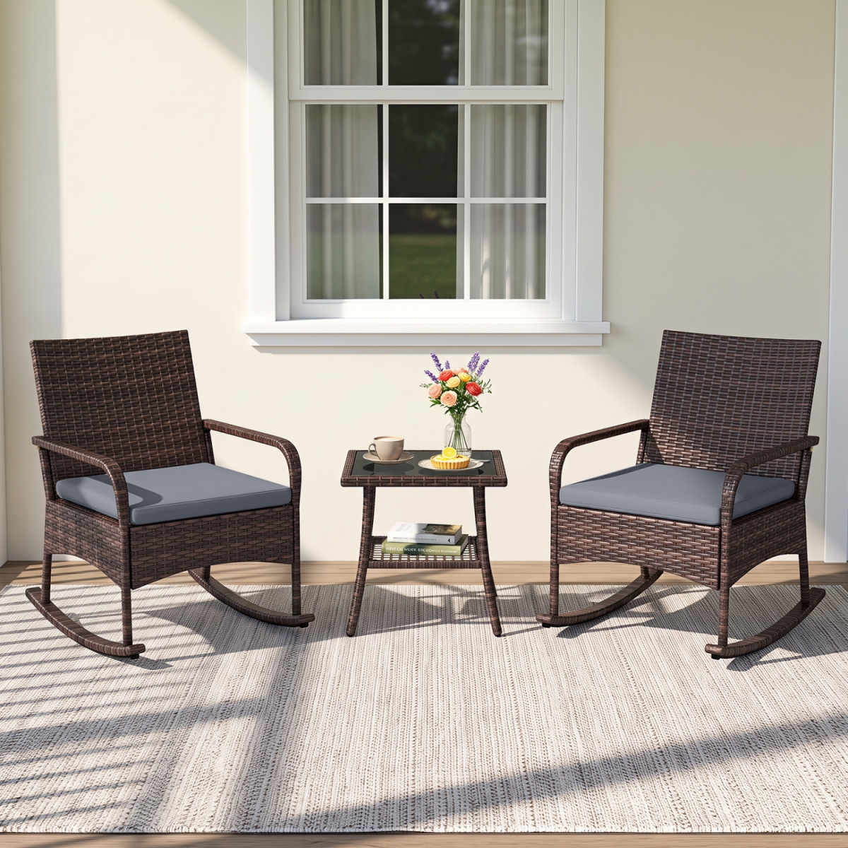 HW76103GR PE Wicker Rocking Bistro Set with 2-Tier Side Table Cushions & Ergonomic Armchairs for Porch - Gray - 3 Piece