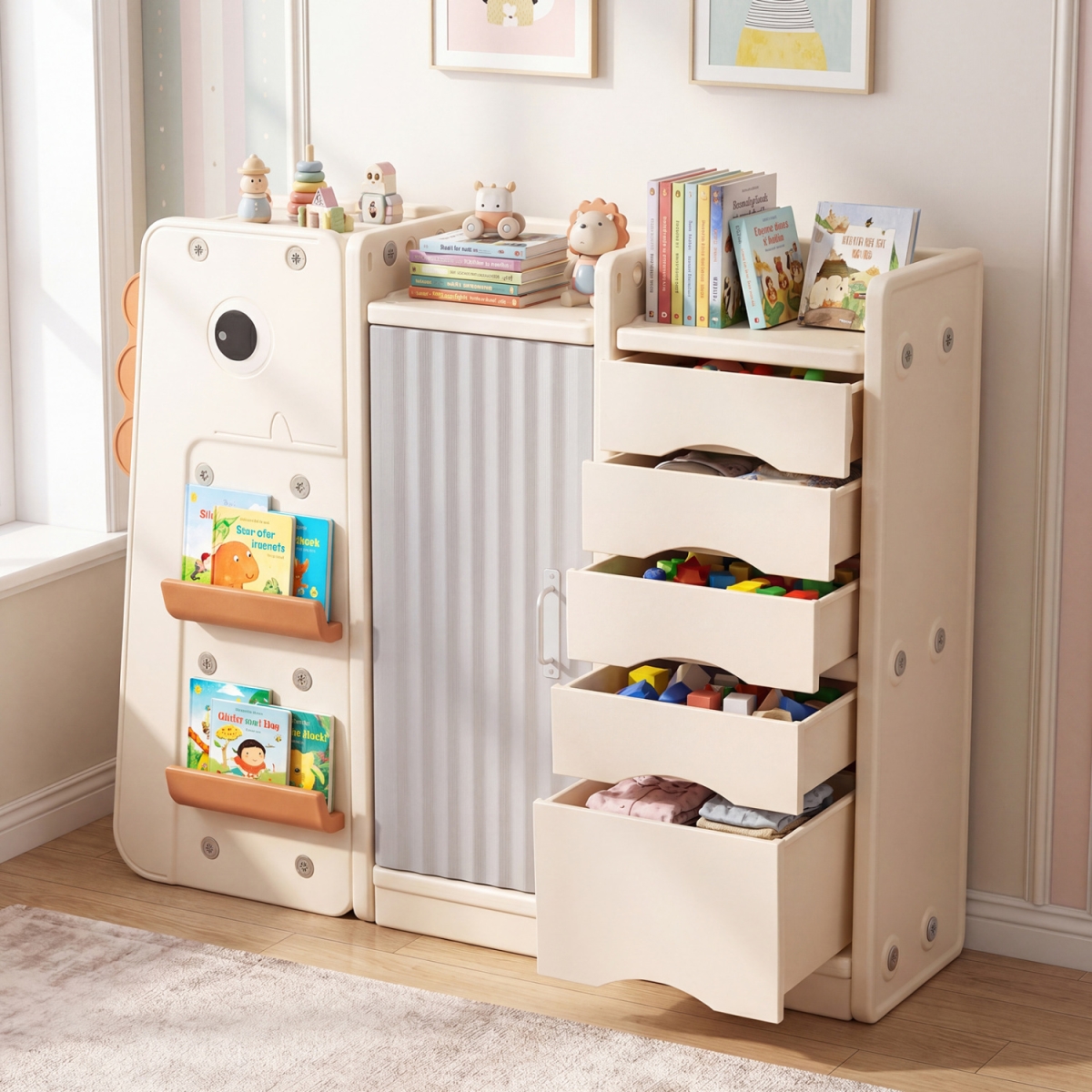 TP10242MS Kids Toy Storage Organizer with 5 Removable Bins for Playroom - Beige