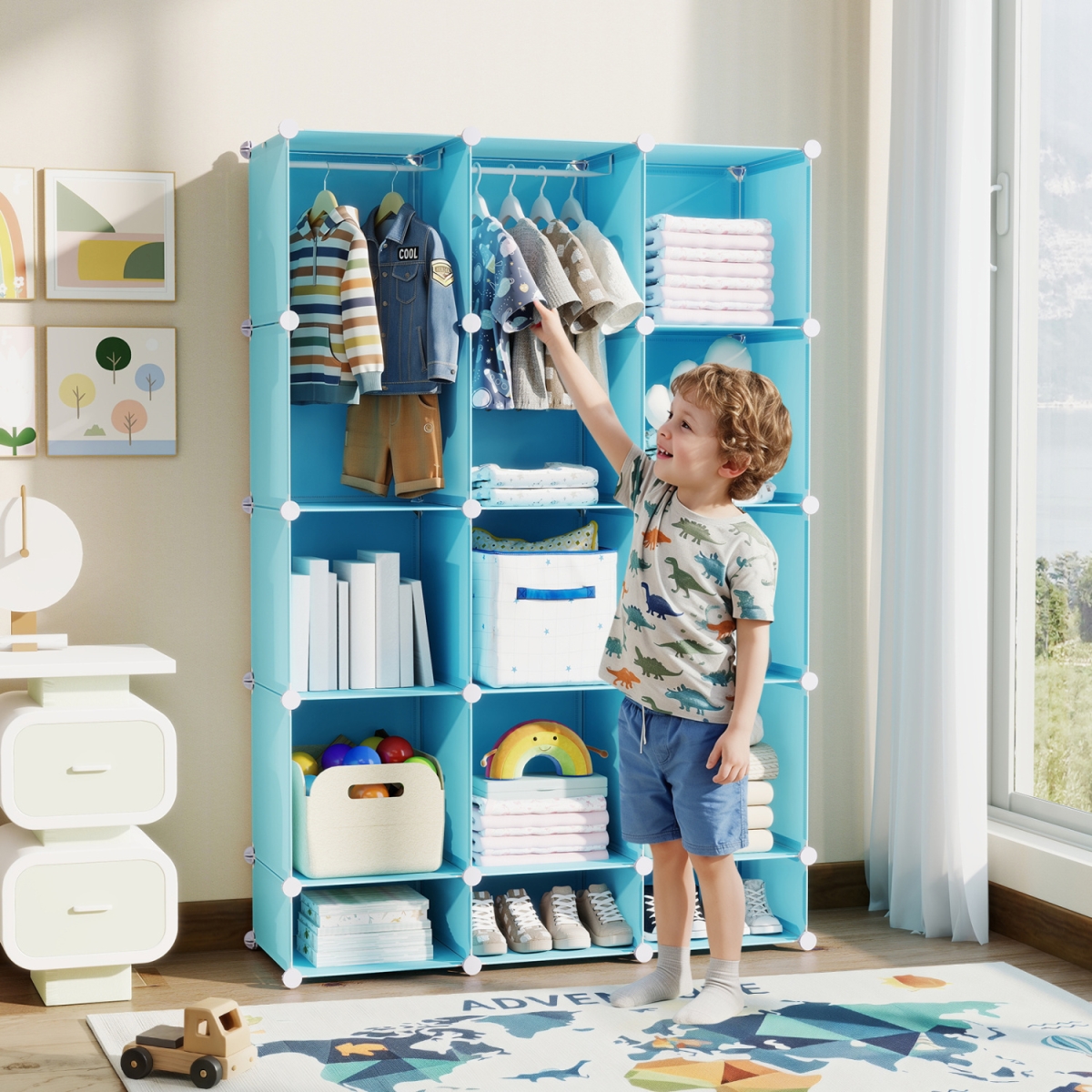 TP10560BL Modular Baby Wardrobe with 13 Cubes & Hanging Rod & Shelves Stackable - Blue