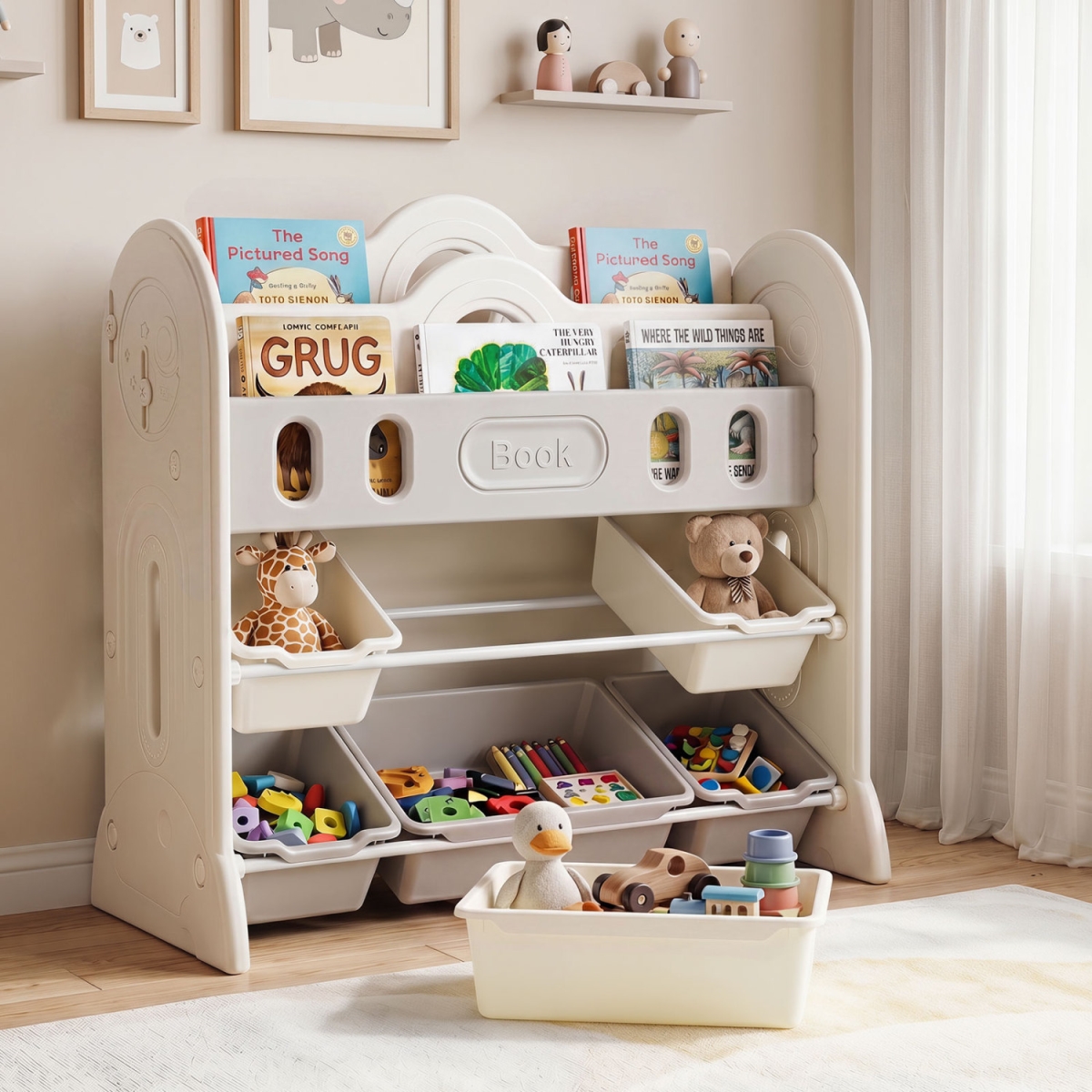 TP10483 Kids Bookshelf & Toy Storage Organizer with 2 Front-Facing Racks - White & Gray