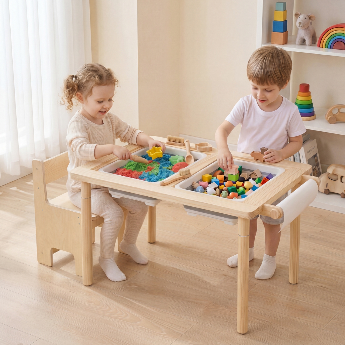 TP10595NA Kids Sensory Table Set with Adjustable Height & 2 Storage Bins - Natural