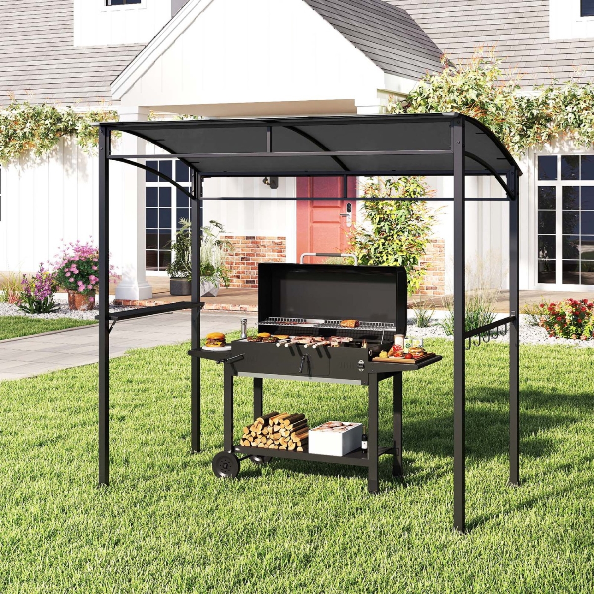 OP70381GR 7 ft. Grill Gazebo with Serving Shelf & Storage Hooks - Gray