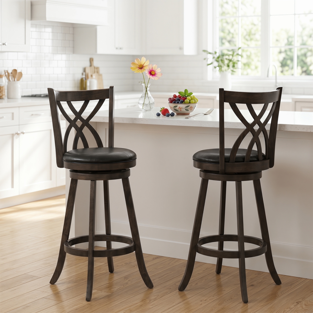 JV12801GR-29 29 in. Counter Height Bar Stools with Rubber Wood Frame & Hollowed Backrest - Gray - Set of 2