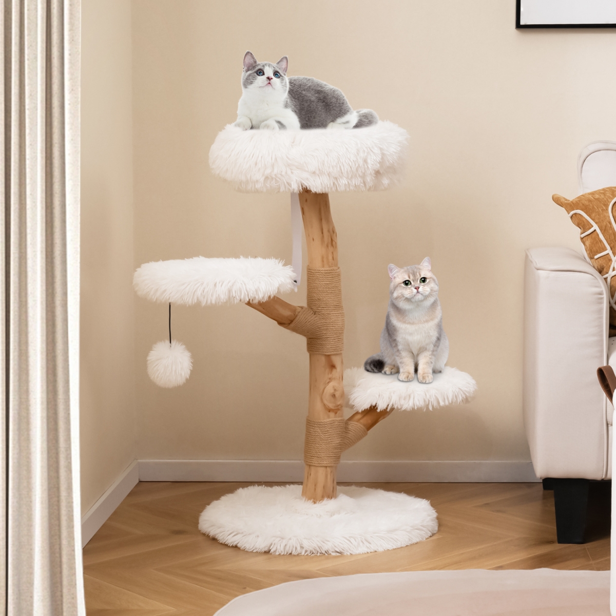 PV10275WH Cat Tree Solid Pear Wood with Perch & Natural Jute Scratching Posts - White