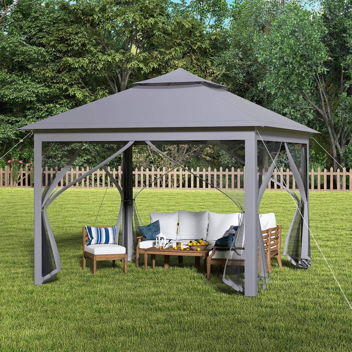 NP10470GR 11 x 11 ft. 2-Tier Pop-Up Gazebo Tent Portable Canopy Shelter Carry Bag Mesh - Gray
