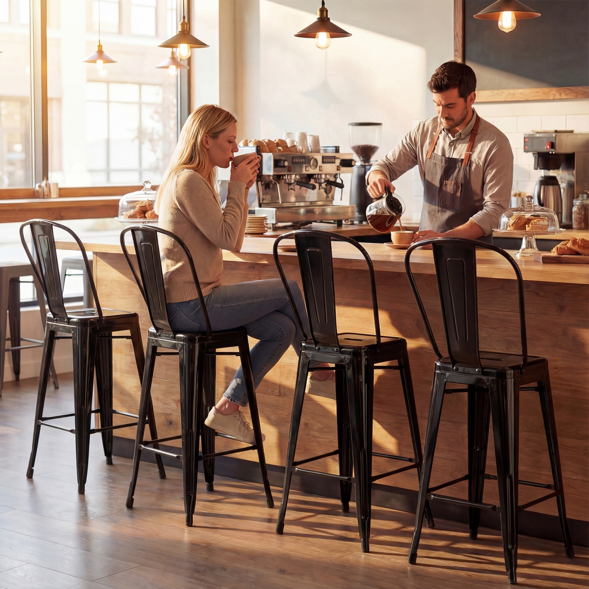 JV12596DK Metal Bar Stools with Backrests & Footrests - Black - Set of 4