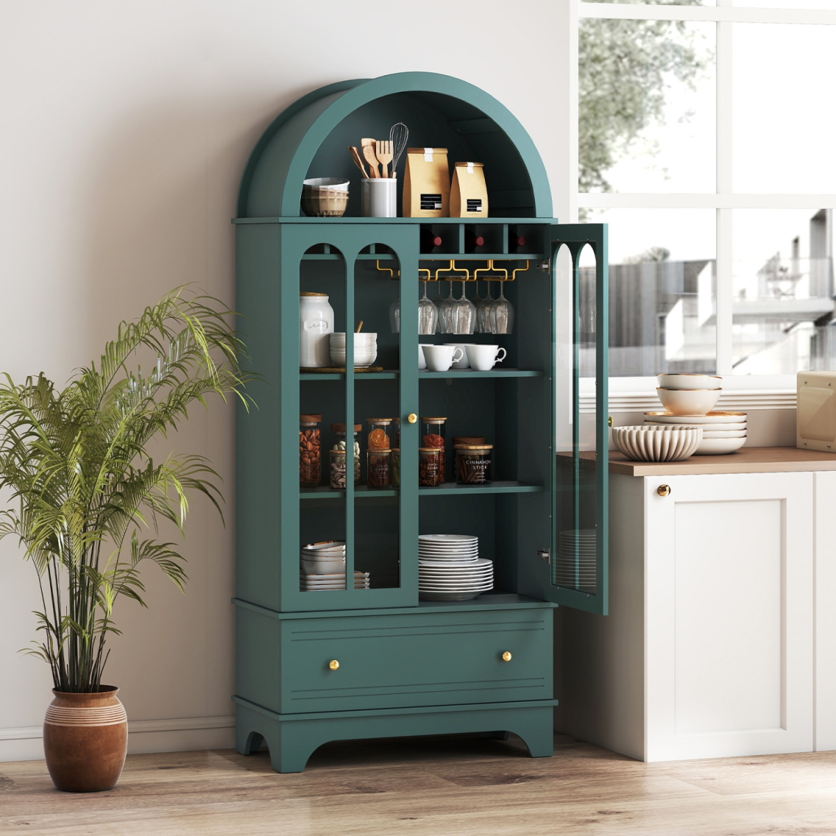 JV13074LS- 71.5 in. Arched Cabinet 5-Tier with Tempered Glass Doors & Wine Rack - Green