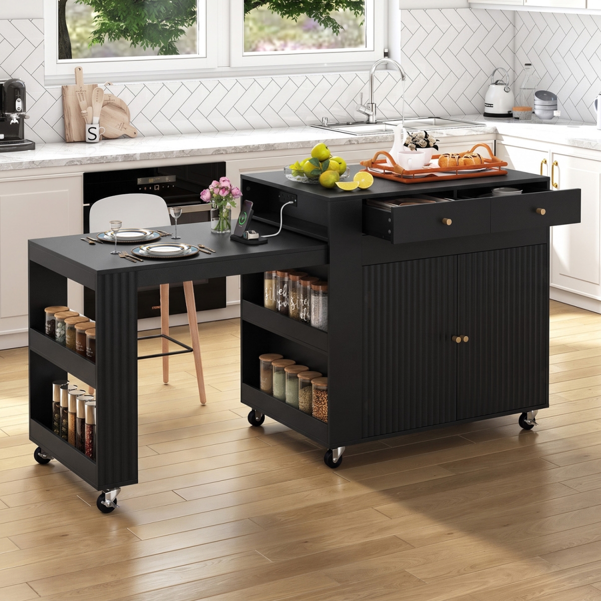 JV13079US-BK- 72 in. Kitchen Island with Extendable Dining Table & Power Outlet - Black