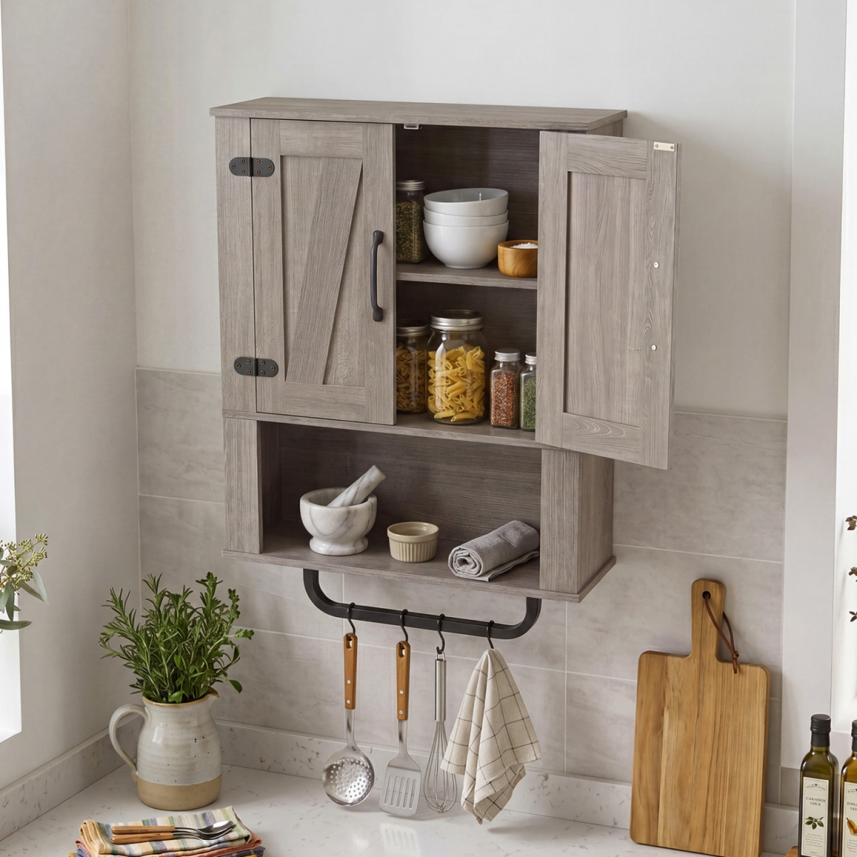 JV13238OA Bathroom Wall Cabinet with 2 Barn Doors & Towel Bar & 3-Tier Wooden Storage - Gray