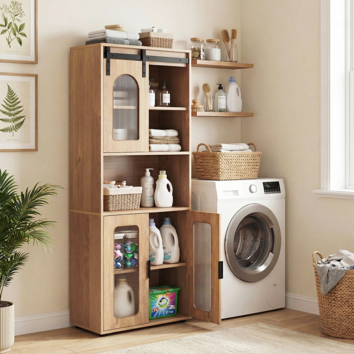 JV13262NA Farmhouse Bathroom Floor Cabinet with Sliding Barn Door - Natural