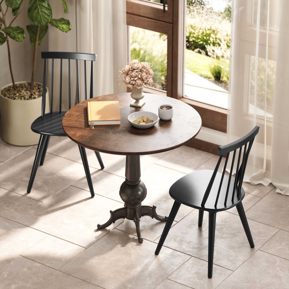 JV13265DK Windsor Dining Chair with Solid Rubber Wood Frame - Black - Set of 2
