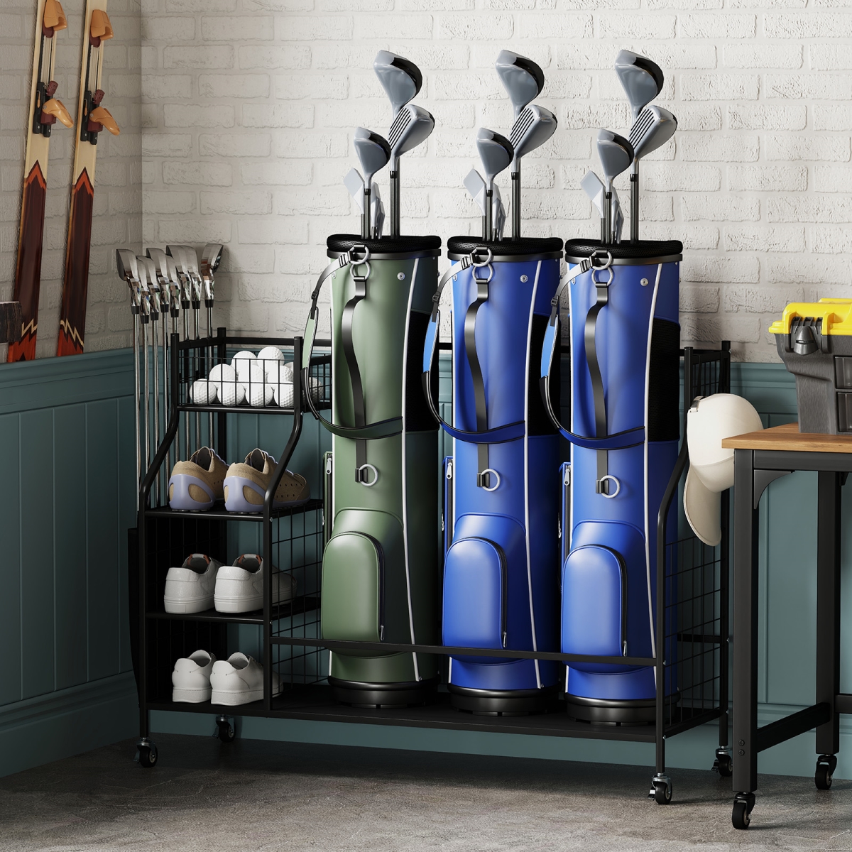 TA10082BK Golf Bag Organizer 3 Golf Bag Stand with Lockable Wheels & Hooks - Black