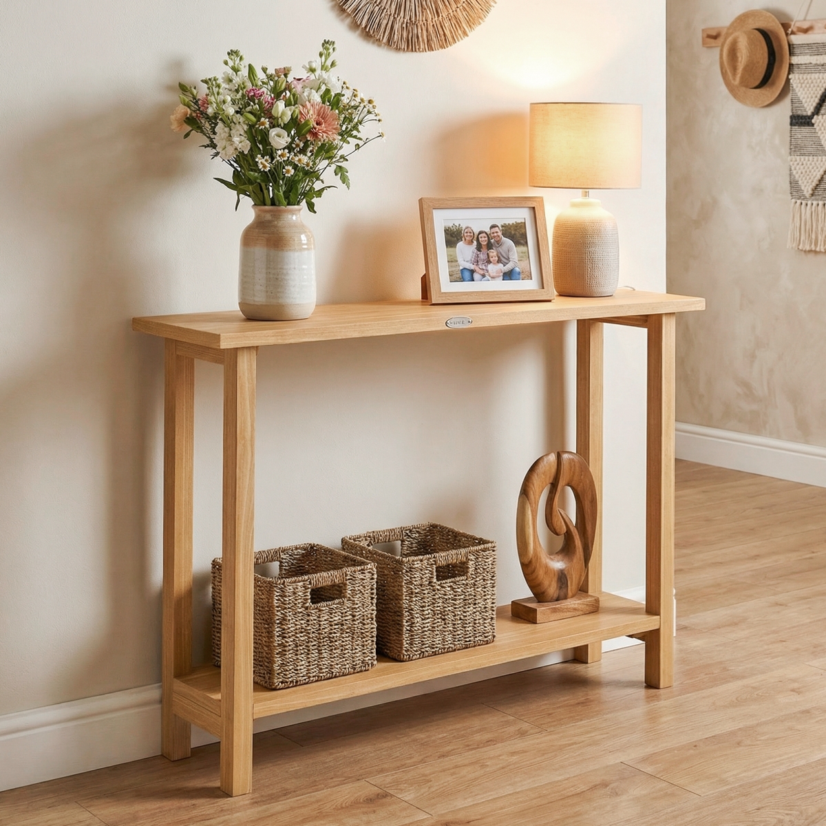 JV13135 47 in. Solid Wood Console Table with Teak Wood Frame & Storage Shelf
