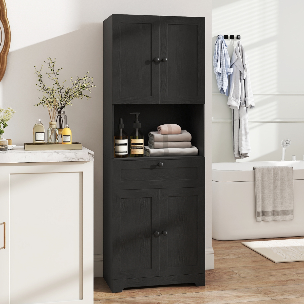 JV13231DK 67.5 in. Tall Modern Freestanding Floor Storage Cabinet with 4 Doors & 1 Drawer - Black