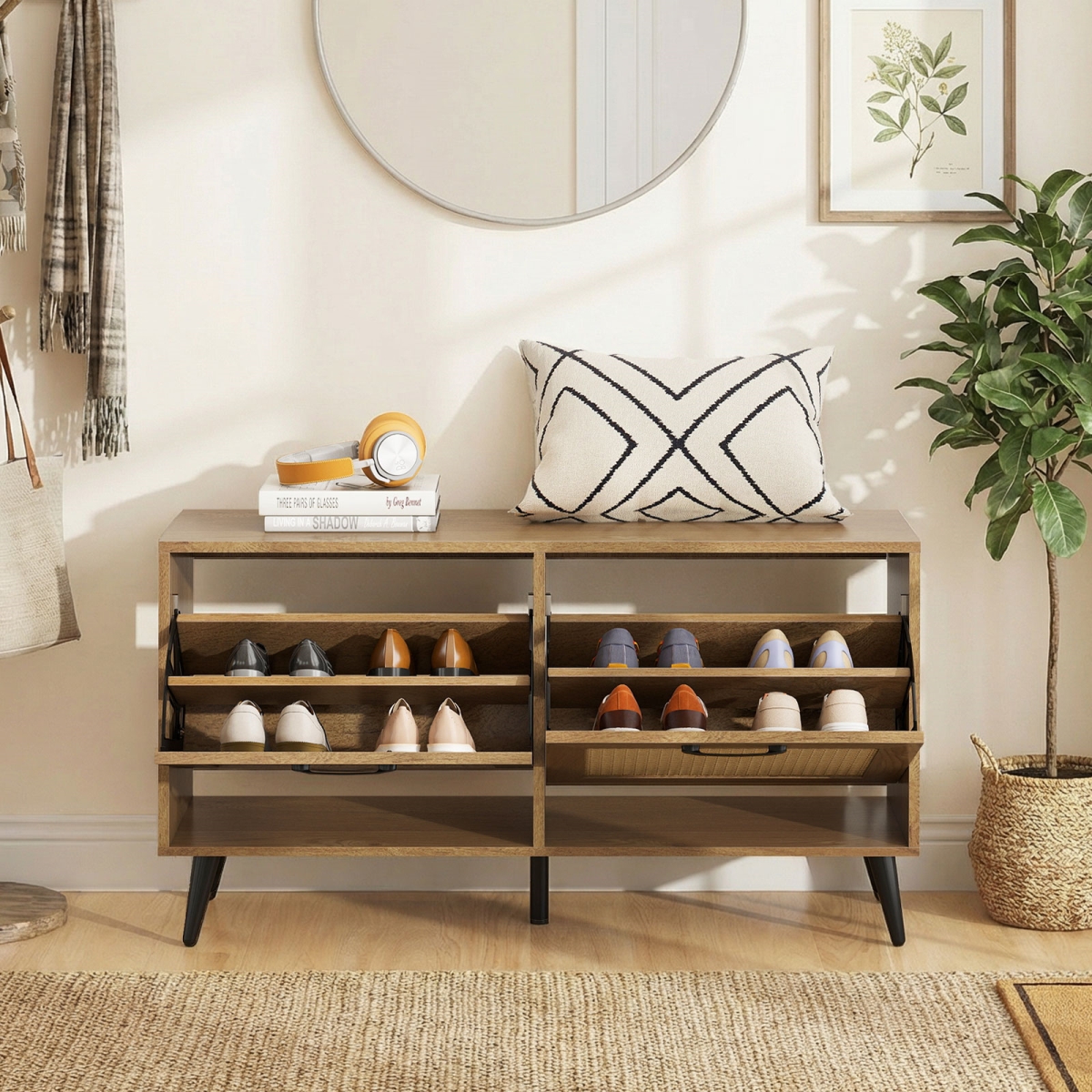 JV13232NA Modern Freestanding Shoe Cabinet with 2 Flip Drawers & Adjustable Shelves for Entryway - Natural