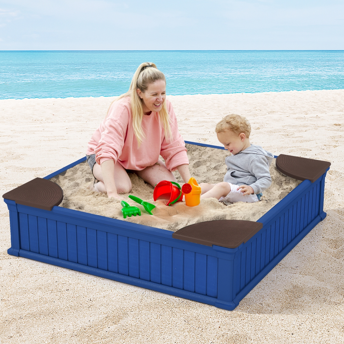 TP10087NY Kids Outdoor Sandbox with Oxford Cover & 4 Corner Seats - Navy