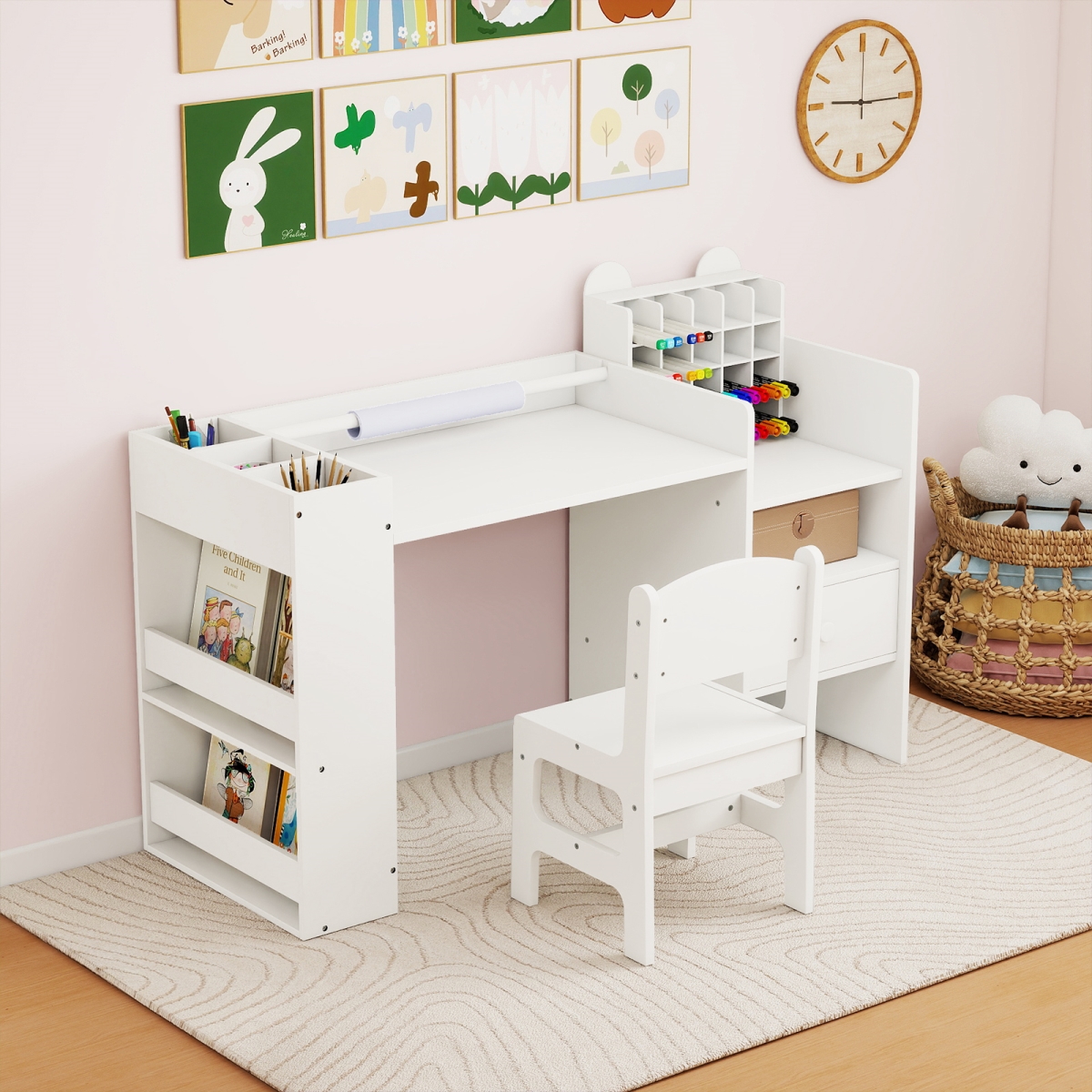 TP10416WH Kids Art Table & Chair Set with Detachable Paper Roll Holder & Cabinet - White