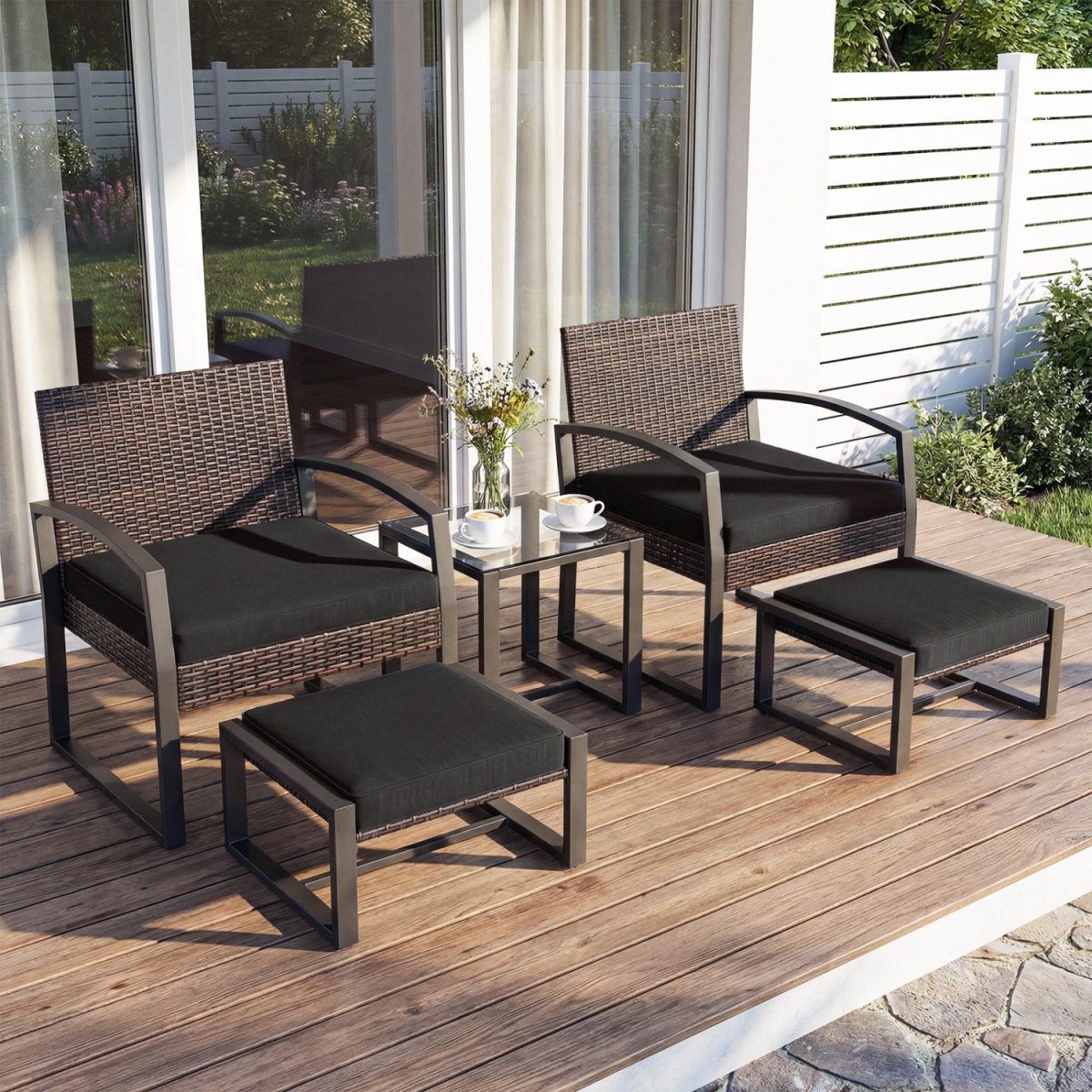 NP13175DK Patio Conversation Set with 2 Ottomans & Tempered Glass Side Table - Black - 5 Piece