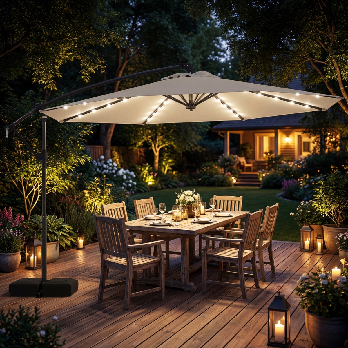 NP13210BE 10 ft. Solar LED Offset Cantilever Patio Umbrella Hanging Outdoor Market Umbrella - Beige
