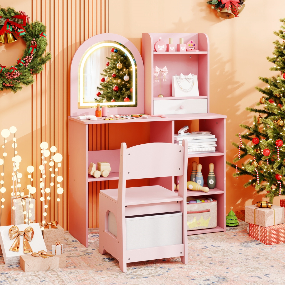 TP10450PI Kids Vanity Set Princess Girls Makeup Desk with Chair & 3-Color LED Lighted Mirror - Pink