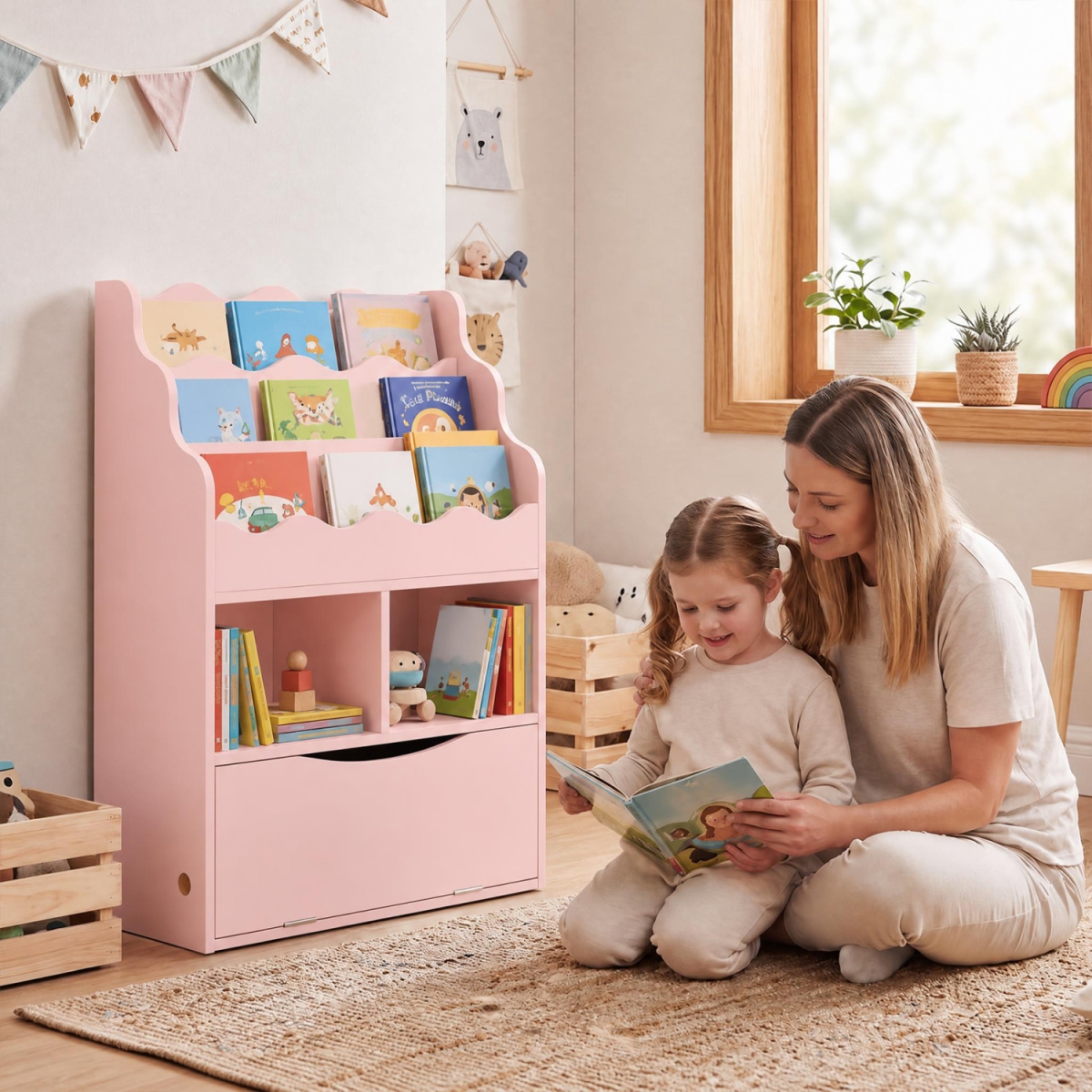 TP10501PI Kids Bookcase with 3-Tier Sling Bookshelf with Shelves Open Cubes & Flip Down Cabinet - Pink
