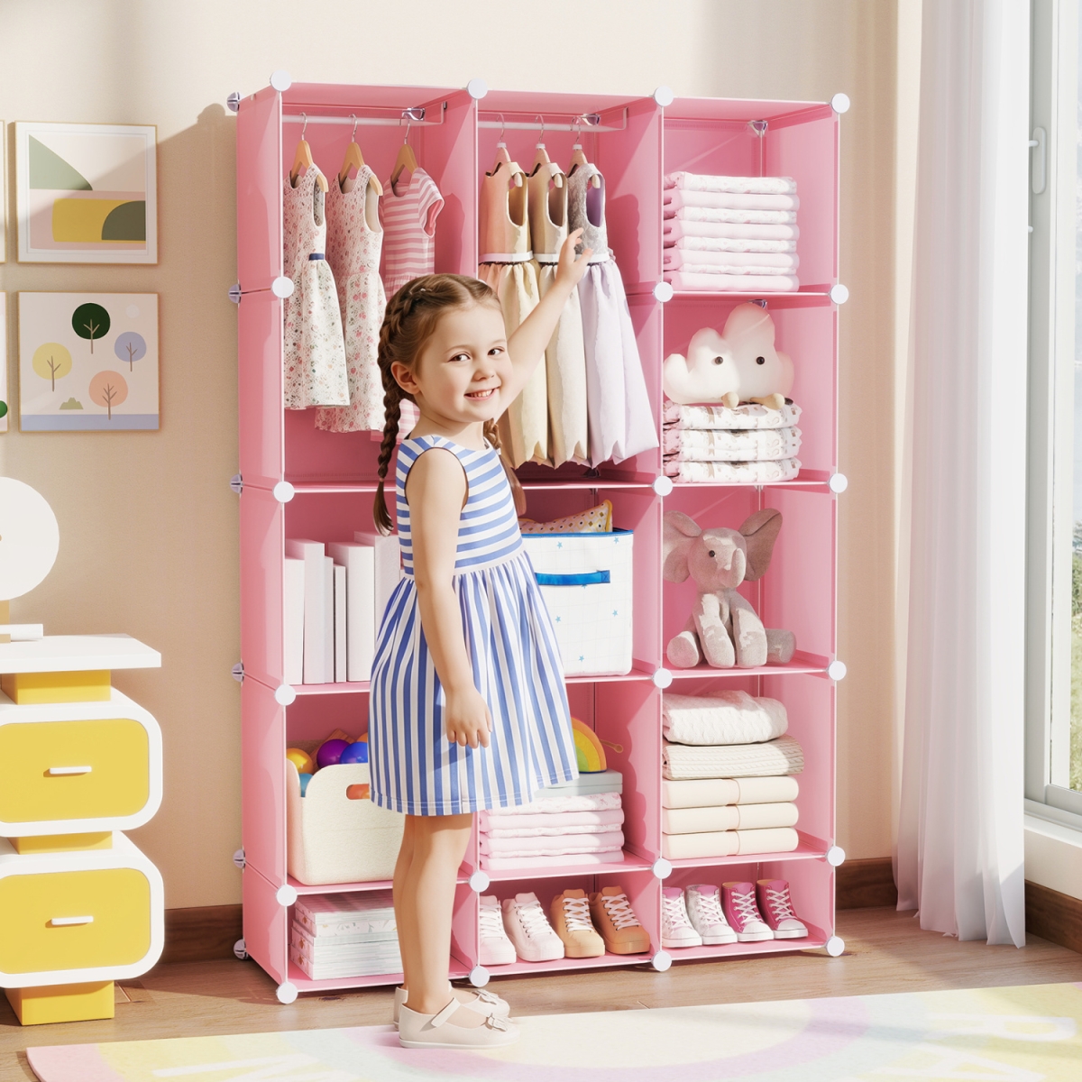 TP10560PI Modular Baby Wardrobe with 13 Cubes & Hanging Rod & Shelves Stackable - Pink