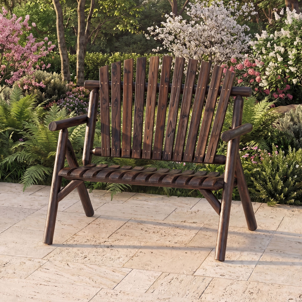 NP13278BN 2-Person Log Wood Patio Bench with Slatted Backrest for Deck Backyard - Brown