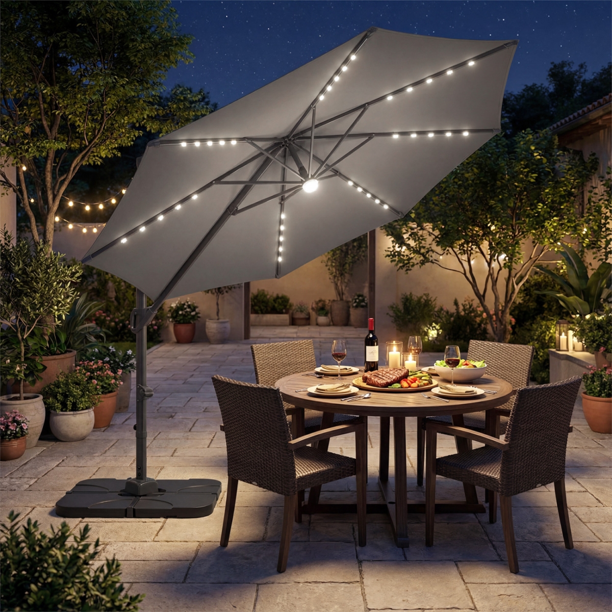 NP13283GR-NP12183 10 ft. Cantilever Patio Umbrella with 35 Solar LED Lights & 220 lbs Base - Gray