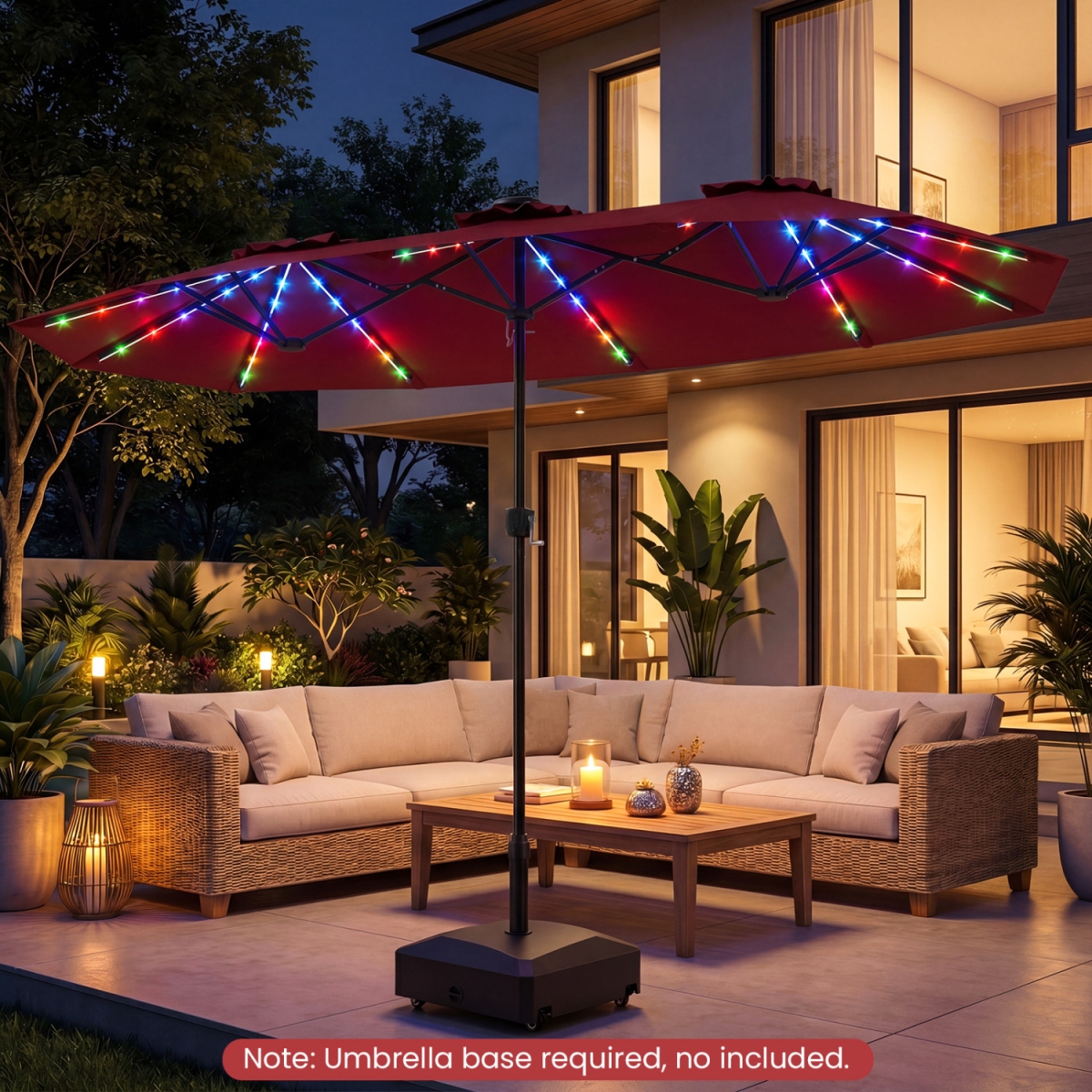 NP13305WN 13 ft. Double-Sided Patio Umbrella with Color-Changing Flowing Solar LED Lights - Red