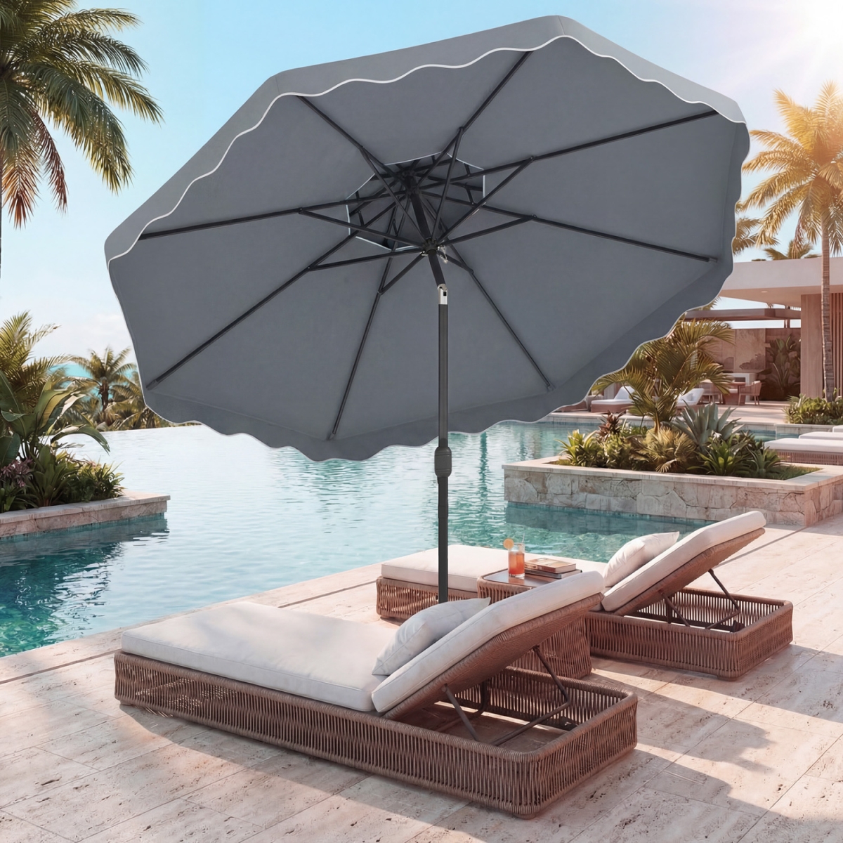NP13312GR 9 ft. Patio Umbrella with Push Button Tilt & Crank - Gray