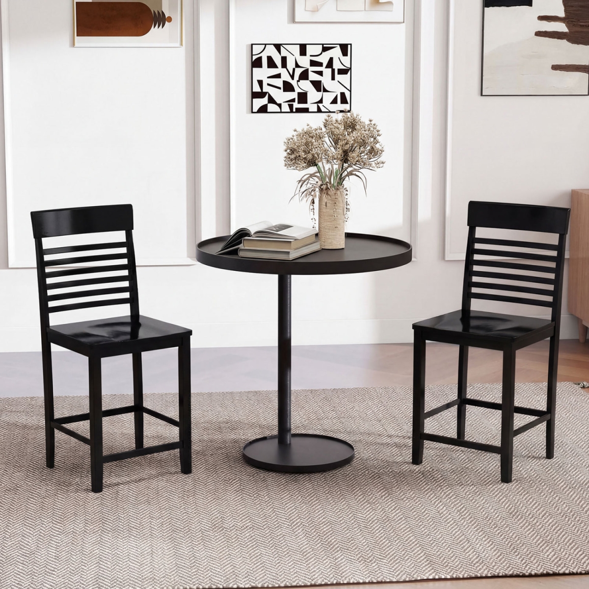 KC58108BK-22 Dining Chair with Footrests & Solid Wood Frame - Black - Set of 2