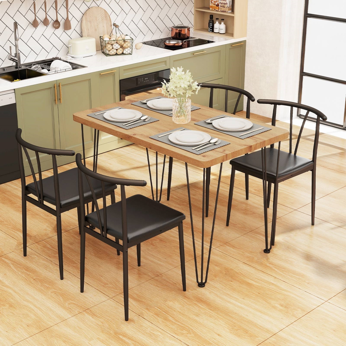 KC58407CF Space-Saving Dining Table Set Industrial Rectangular Kitchen Table & 4 Armless Chairs - Black - 5 Piece