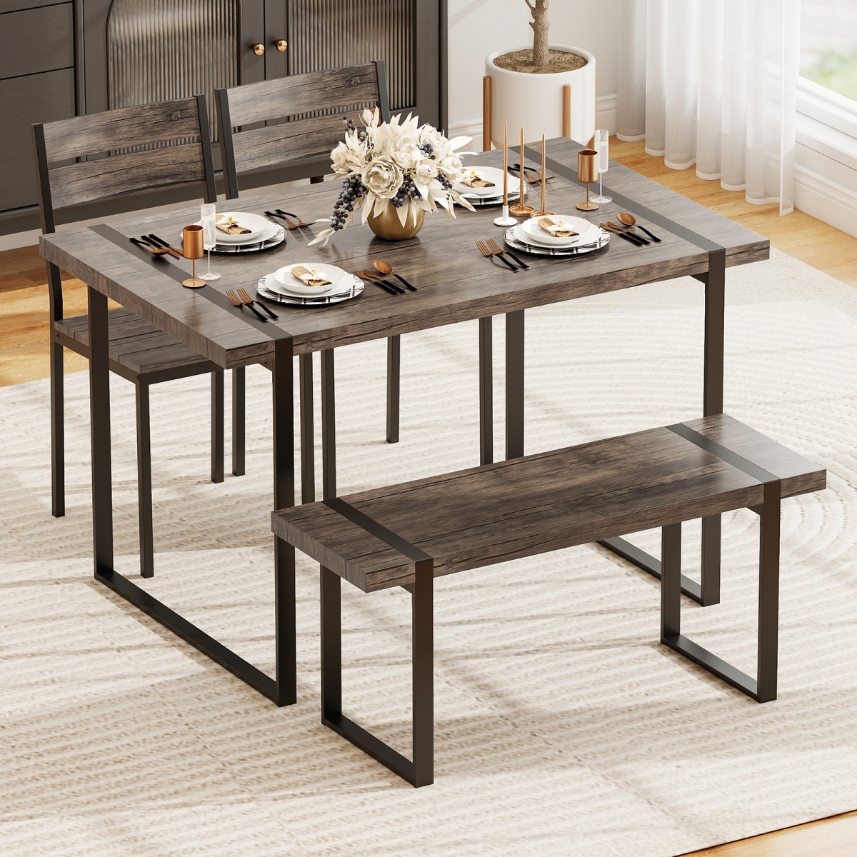 KC58409GR- Dining Table Set for 4 with 1 Bench & 2 Chairs - Gray - 4 Piece