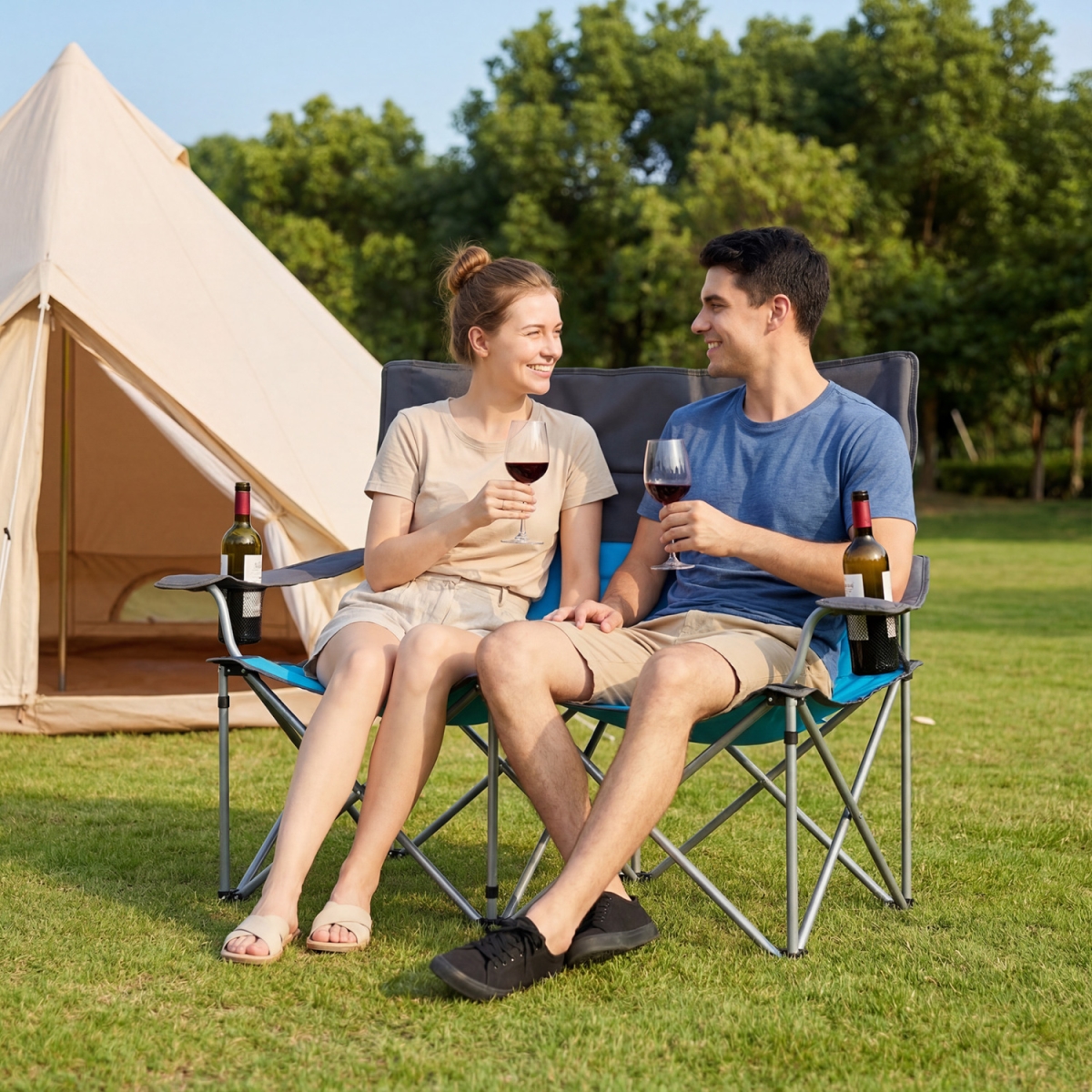 NP13597BL Double Camping Chair with Carry Bag Cup Holders - Blue