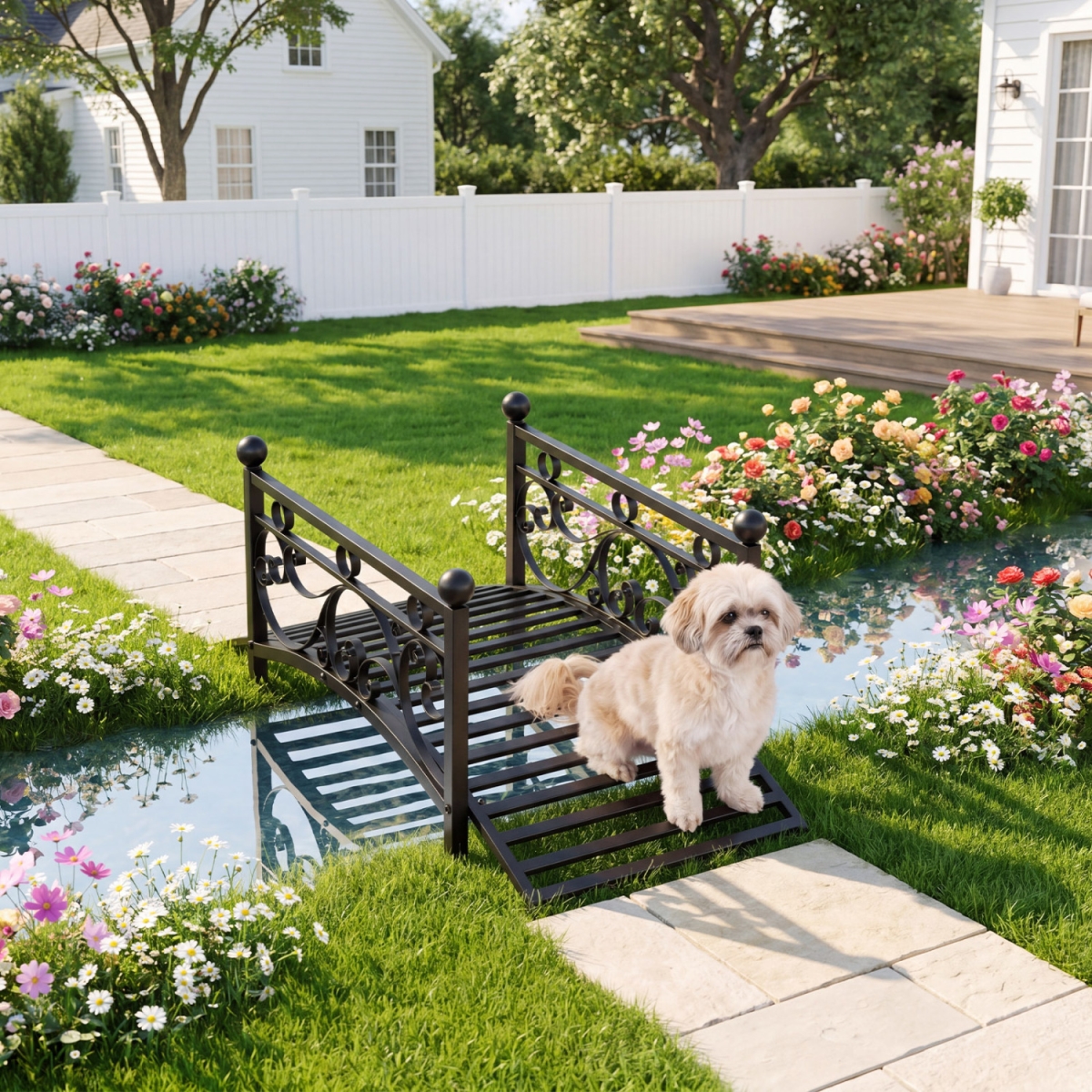NP13630 3.3 ft. Garden Metal Bridge with Dual Patterned Side Rails - Black