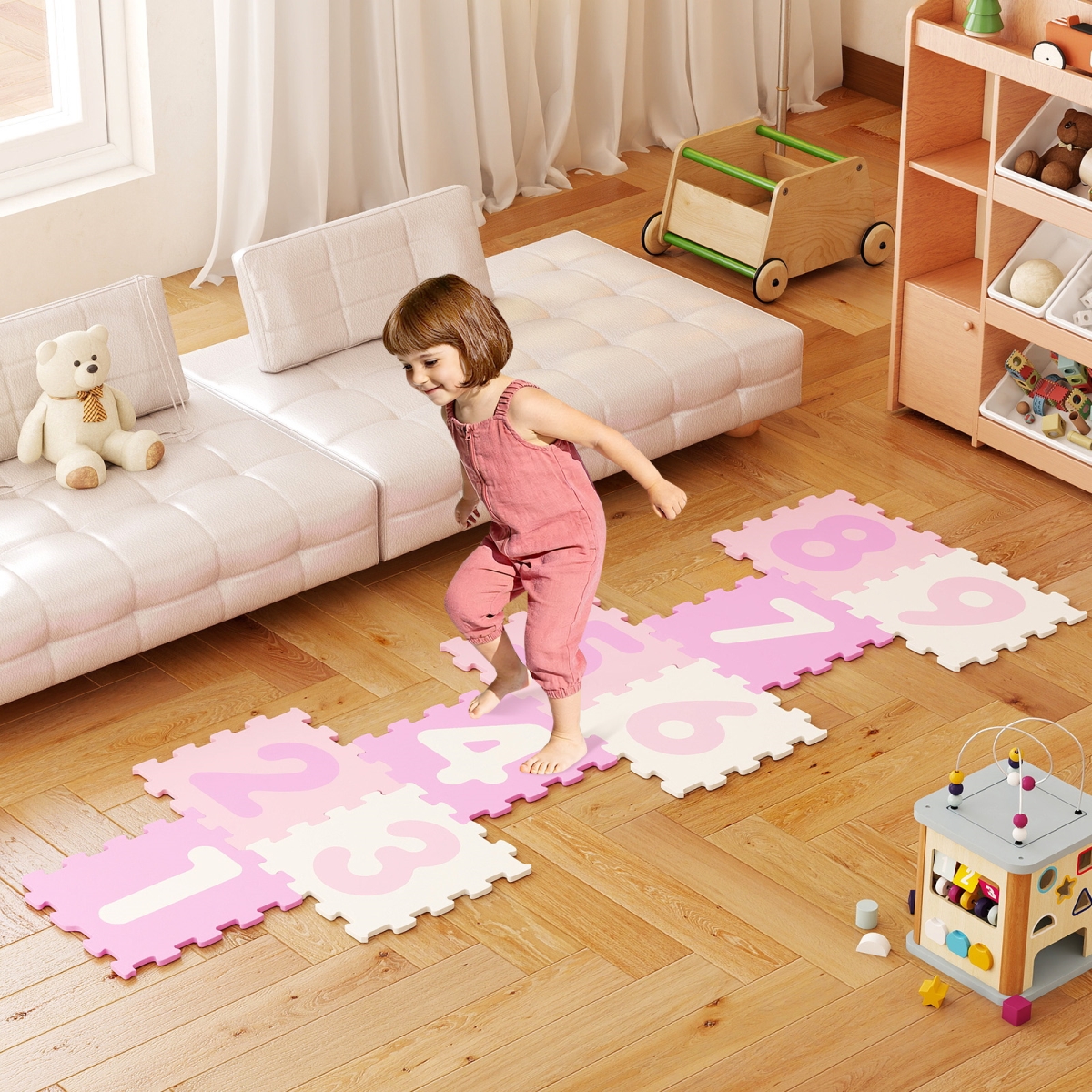 TY363395PI Interlocking Foam Puzzle Floor Mat with 3 Marker Discs - Pink - 9 Piece