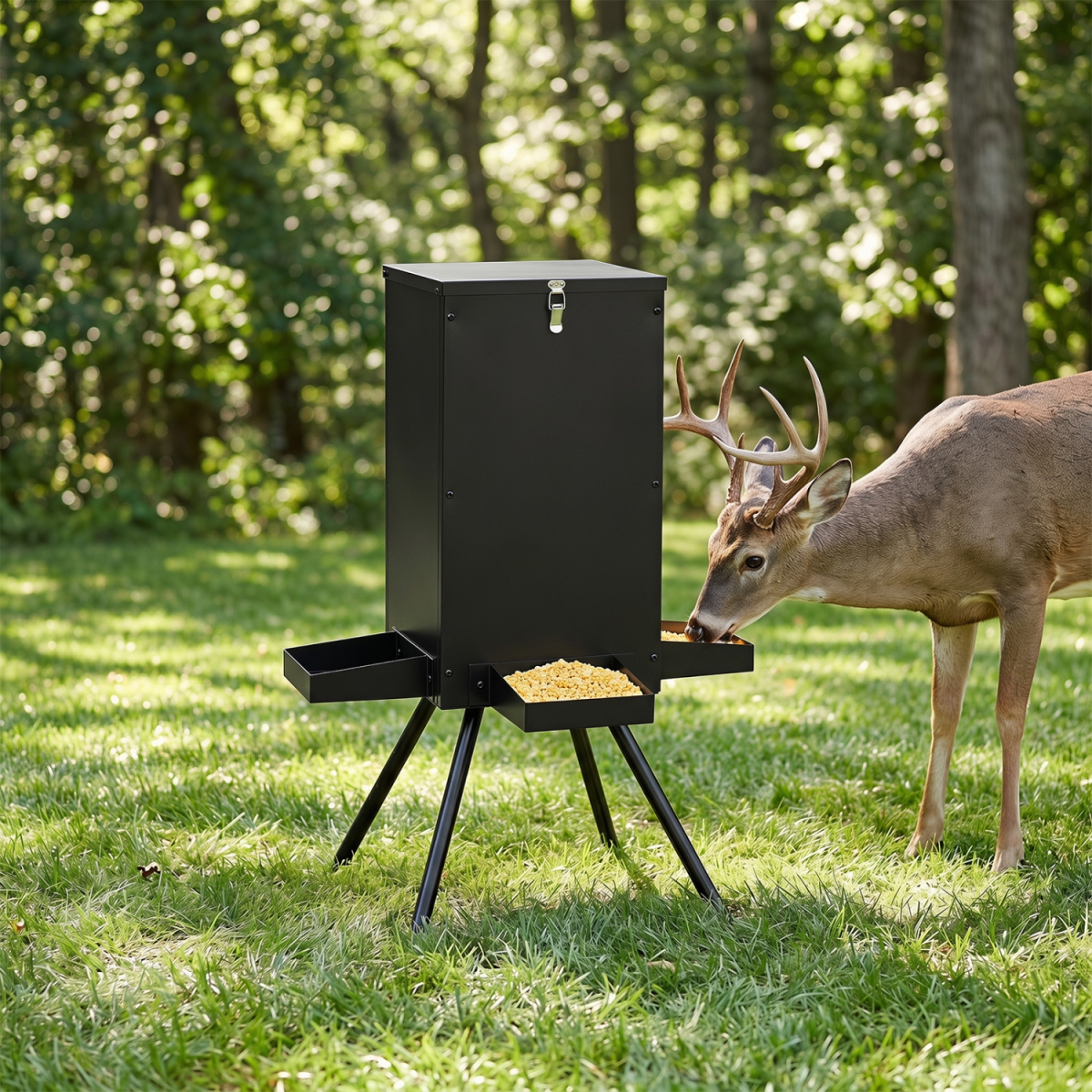 PS7915BK 90 lbs Gravity Deer Feeder with 4 Feeding Trays & 4-Leg Stand - Black