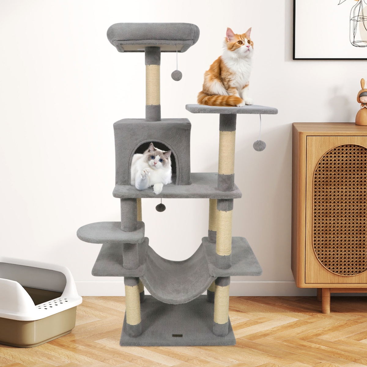 PV10471HS 58 in. Multi-Level Cat Tree Soft Plush Cat Tower with Padded Top Perch - Light Gray