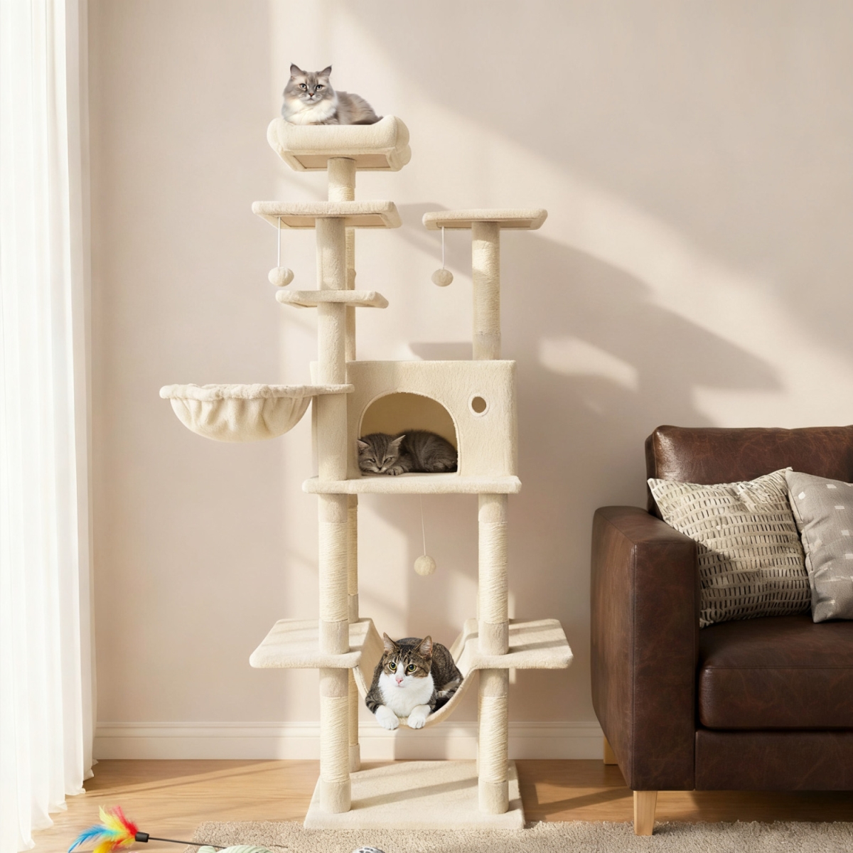 PV10473BE Large Cat Tree for Indoor Cats 63 in. Tall Cat Tower - Beige