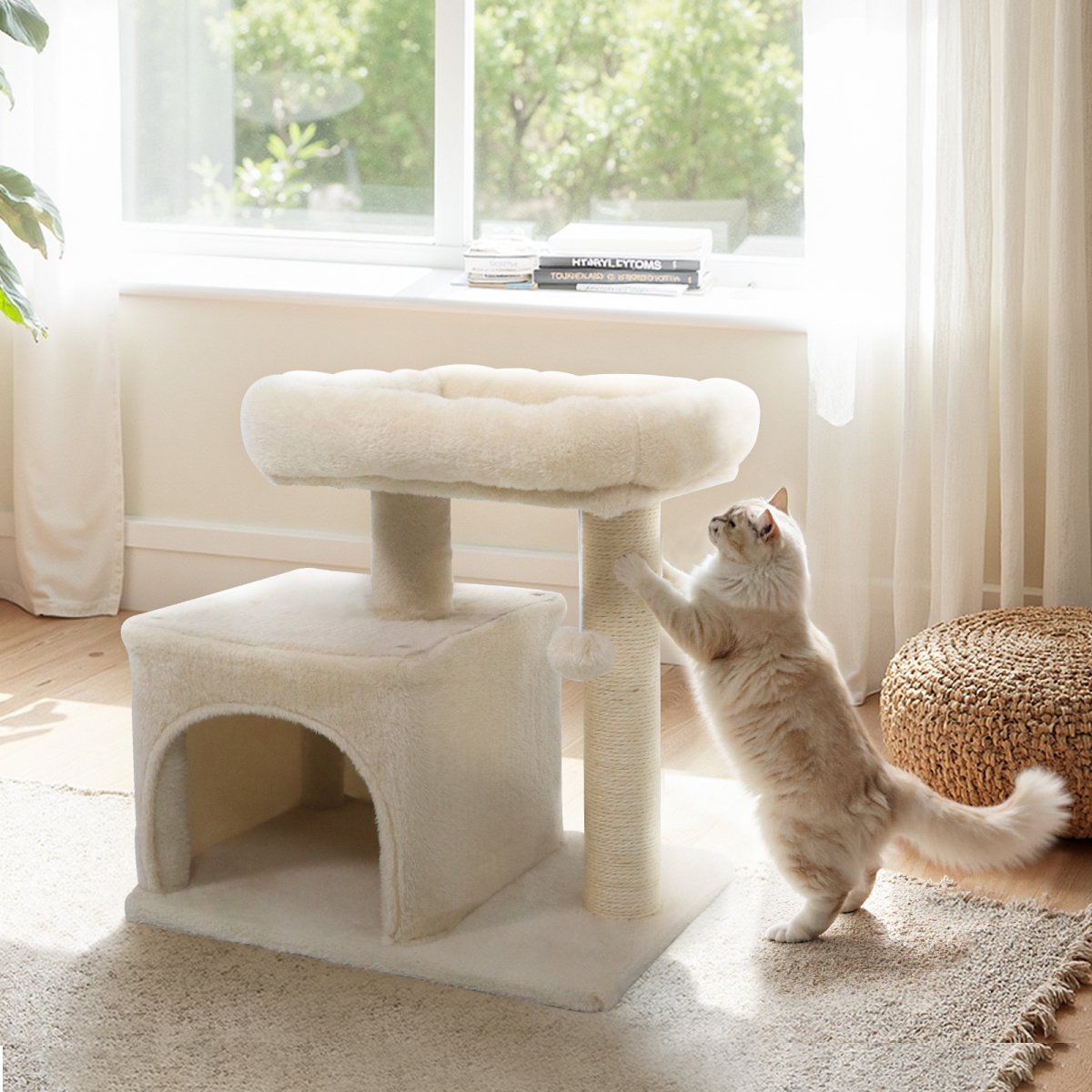 PV10475BE Small Cat Tree with Large Padded Plush Perch for Indoor Cats - Beige