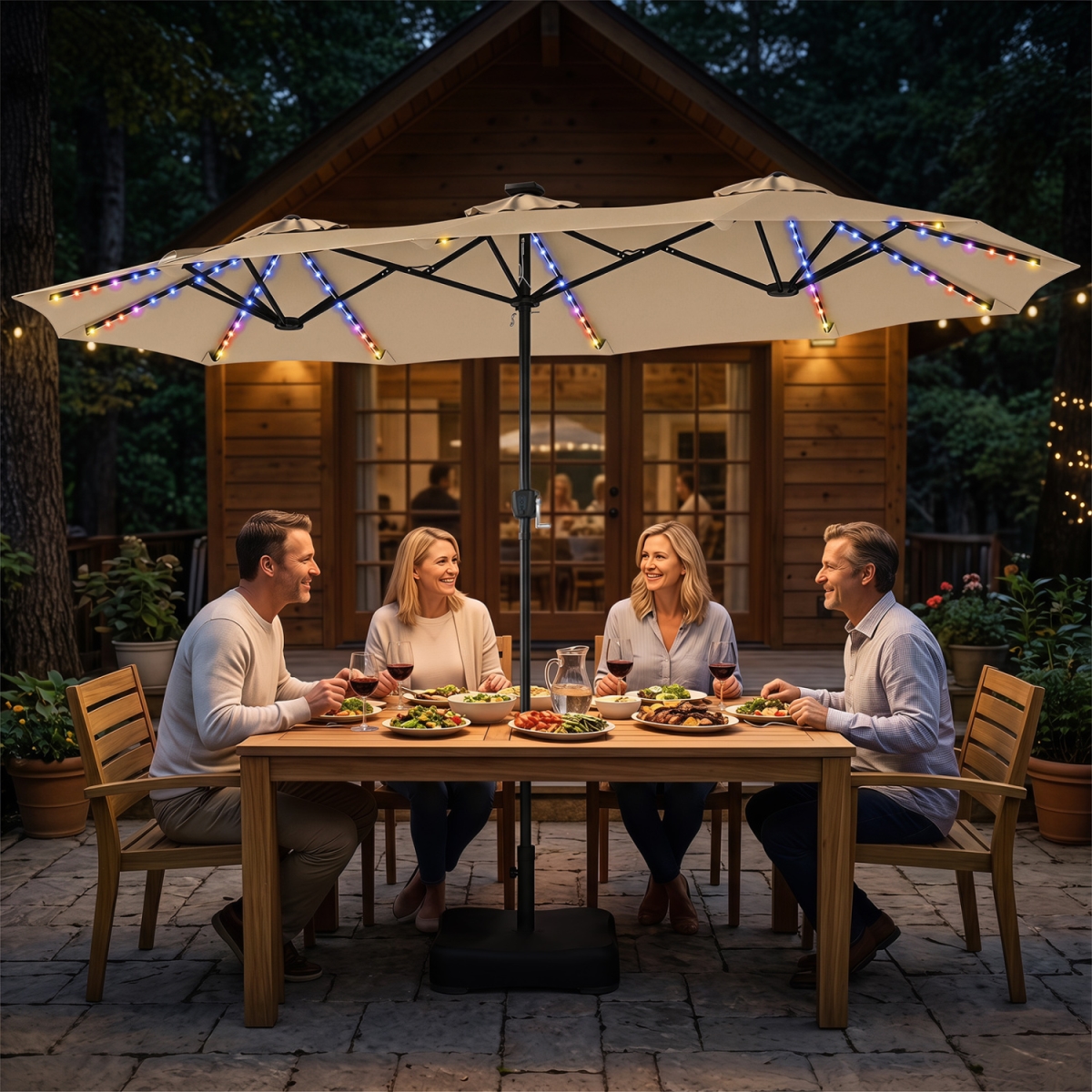 NP13666BE 13 ft. Double-Sided Patio Umbrella with 108 LED Lights & Base Included - Beige