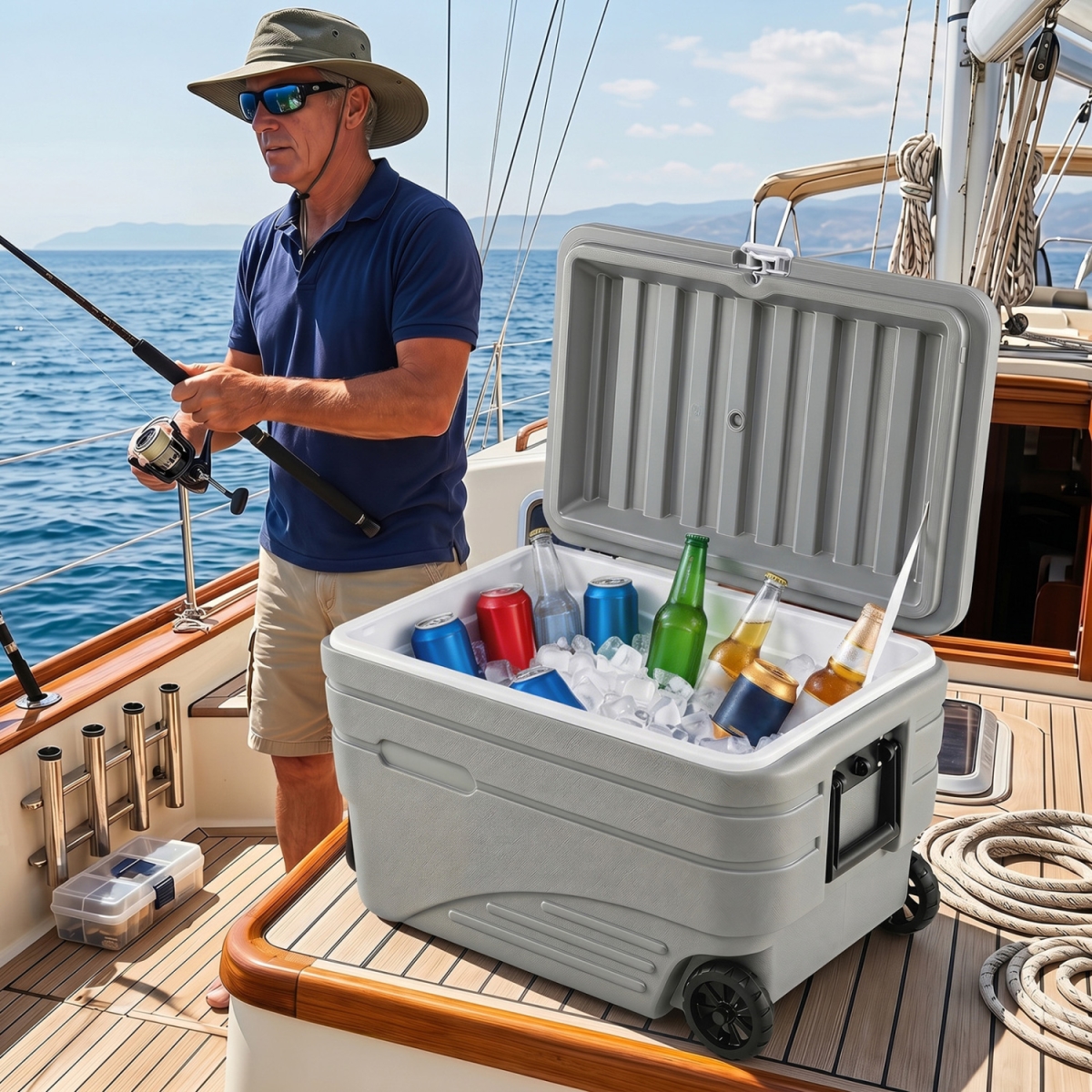 NP13678GR 84 qt. Portable Wheeled Ice Cooler with Foldable Pull - Gray